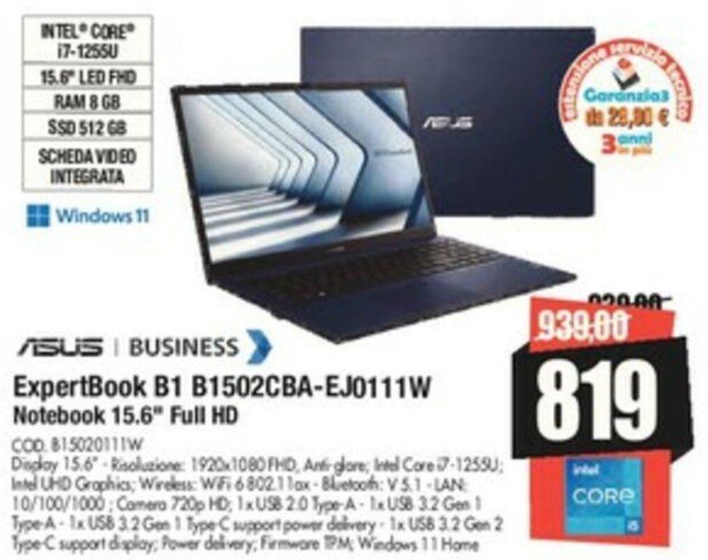 Vobis Asus ExpertBook B1 B1502CBA-EJ0111W Notebook 15.6" Full HD offerta