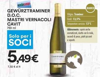 Coop GEWÜRZTRAMINER D.O.C. MASTRI VERNACOLI CAVIT 750 ml offerta