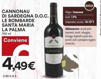 Coop CANNONAU DI SARDEGNA D.O.C. LE BOMBARDE SANTA MARIA LA PALMA 750 ml offerta