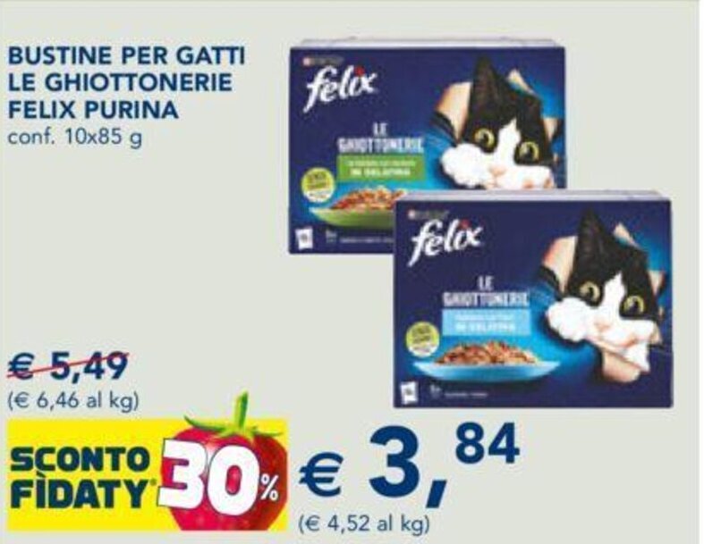 Esselunga BUSTINE PER GATTI LE GHIOTTONERIE FELIX PURINA conf. 10x85 g offerta