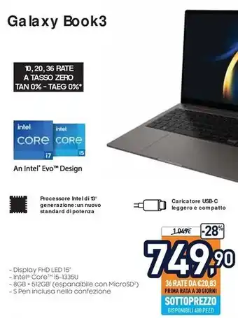 Unieuro Samsung galaxy book3 i5-1335u computer portatile 39,6 cm (15.6) full hd intel® core™ i5 8 gb lpddr4x-sdram 512 gb ssd wi-fi 6 offerta