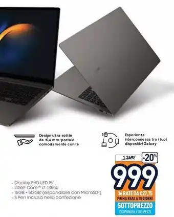 Unieuro Samsung galaxy book3 i7-1355u computer portatile 39,6 cm (15.6) full hd intel® core™ i7 16 gb lpddr4x-sdram 512 gb ssd wi-fi  offerta