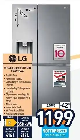 Unieuro Lg frigorifero side by side gslv90pzae offerta