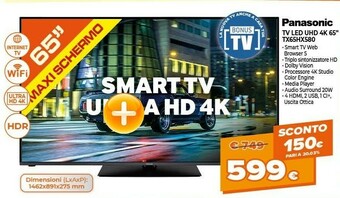 Expert Panasonic TX-65HX580E TV 165,1 Cm (65") 4K Ultra HD Smart TV Wi-Fi Nero offerta