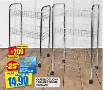 CARRELLO CUCINA 3 RIPIANI C/RUOTE CROMATO