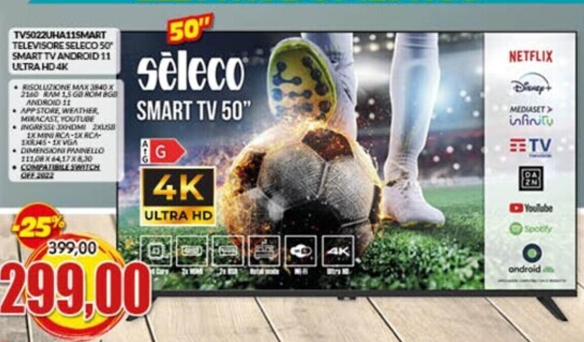 Risparmio Casa TV5022UHA11SMART TELEVISORE SELECO 50 SMART TV ANDROID 11 ULTRA HD 4K offerta