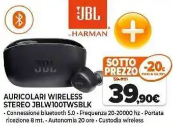 JBL AURICOLARI WIRELESS STEREO JBLW100TWSBLK