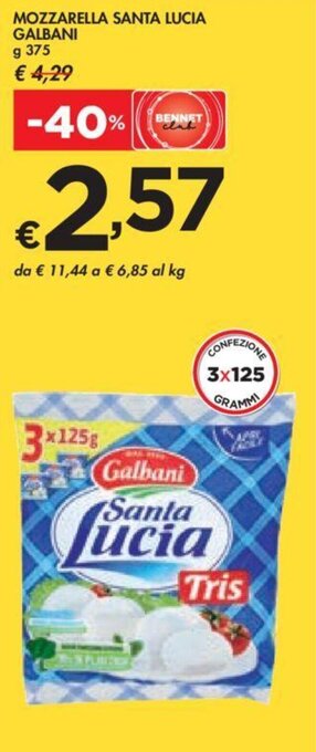 Bennet MOZZARELLA SANTA LUCIA GALBANI g 375 offerta