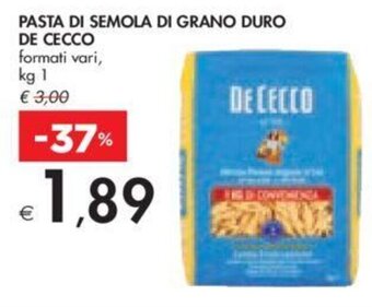 Bennet PASTA DI SEMOLA DI GRANO DURO DE CECCO formati vari, kg 1 offerta