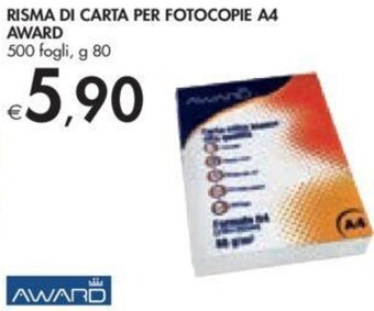 RISMA DI CARTA PER FOTOCOPIE A4 AWARD 500 fogli, g 80