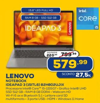 Euronics LENOVO NOTEBOOK IDEAPAD 3 (151TL6) 82H802UJIX offerta