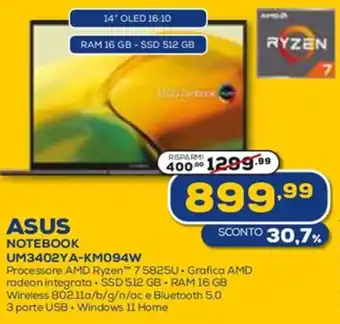 Euronics ASUS NOTEBOOKaS UM3402YA-KM094W offerta