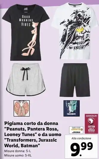 Pigiama corto da donna peanuts, pantera rosa, looney tunes o da uomo transformers, jurassic world, batman