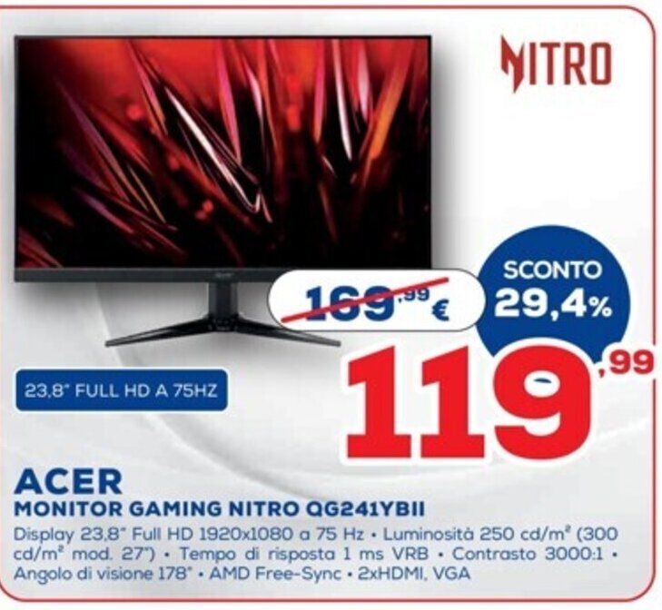 Euronics ACER MONITOR GAMING NITRO QG241YB|| offerta