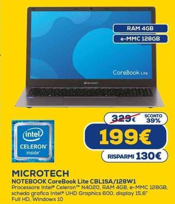 Euronics MICROTECH NOTEBOOK CoreBook Lite CBL15A/128W1 offerta