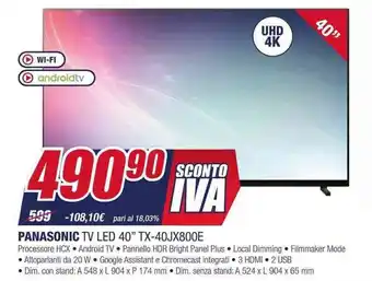 Trony PANASONIC TV LED 40" TX-40JX800E offerta