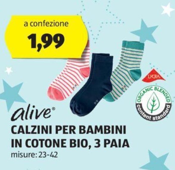 ALDI alive® CALZINI PER BAMBINI IN COTONE BIO, 3 PAIA 23-42 offerta