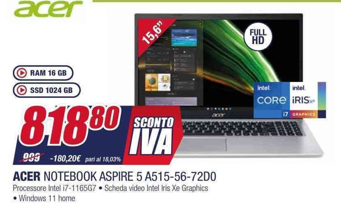 Trony ACER NOTEBOOK ASPIRE 5 A515-56-72D0 offerta