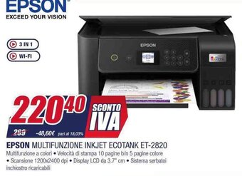 Trony EPSON MULTIFUNZIONE INKJET ECOTANK ET-2820 offerta