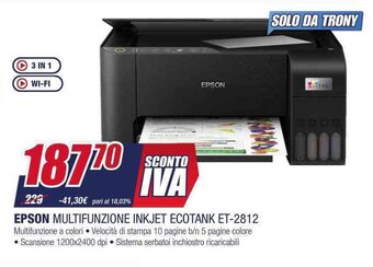 Trony EPSON MULTIFUNZIONE INKJET ECOTANK ET-2812 offerta