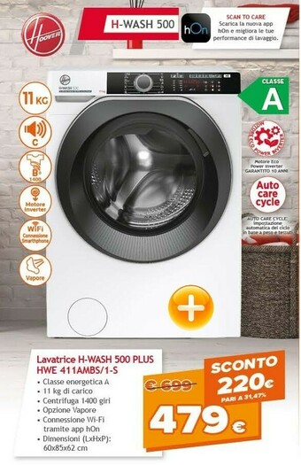 Expert Hoover H-WASH 500 HWE 411AMBS/1-S Lavatrice Libera Installazione Caricamento Frontale 11 Kg 1400 Giri/min A Bianco offerta