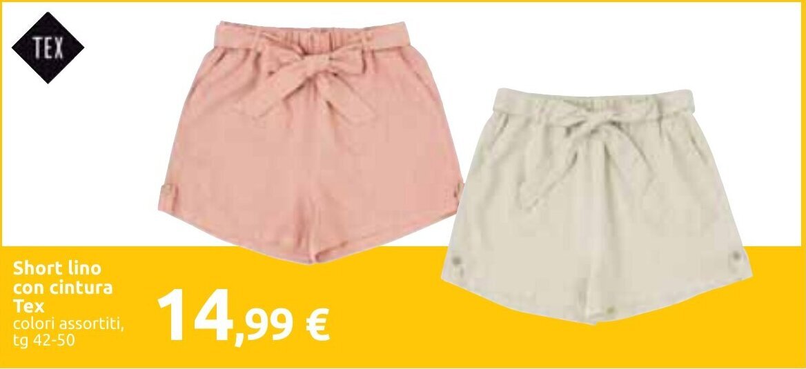 Carrefour Short lino con cintura Tex colori assortiti, tg 42-50 offerta