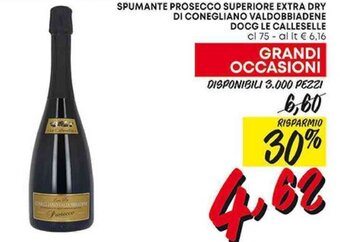 Pam SPUMANTE PROSECCO SUPERIORE EXTRA DRY DI CONEGLIANO VALDOBBIADENE DOCG LE CALLESELLE cl 75 offerta