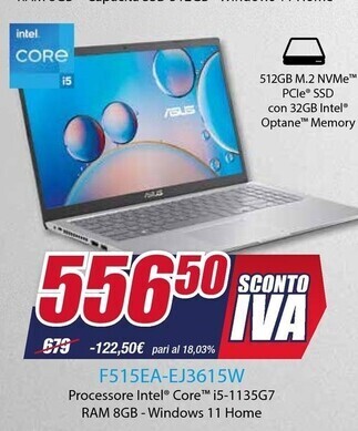 Trony Asus f515ea-ej3615w i5-1135g7 computer portatile 39,6 cm (15.6) full hd intel® core™ i5 8 gb ddr4-sdram 512 gb ssd wi-fi 5 (8 offerta