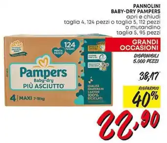 Pam PANNOLINI BABY-DRY PAMPERS apri e chiudi taglia 4, 124 pezzi o taglia 5, 112 pezzi o mutandino taglia 5, 95 pezzi offerta