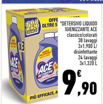 Conad DETERSIVO LIQUIDO IGIENIZZANTE ACE classico/colorati 38 lavaggi 3x1,900 L/ disinfettante 24 lavaggi 3x1,320 L offerta