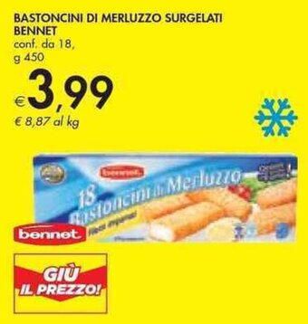 Bennet BASTONCINI DI MERLUZZO SURGELATI BENNET conf. da 18, g 450 offerta