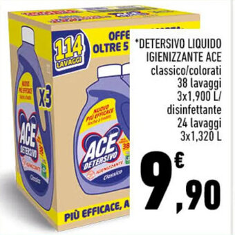 Conad City DETERSIVO LIQUIDO IGIENIZZANTE ACE classico/colorati 38 lavaggi 3x1,900 L/ disinfettante 24 lavaggi 3x1,320 L offerta