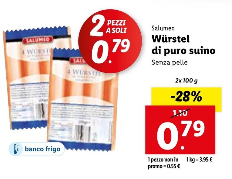 Lidl Würstel di puro suino Senza pelle 2x100g offerta
