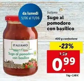 Lidl Italiamo sugo al pomodoro con basilico offerta