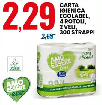 Eurospin AMO ESSERE eco CARTA IGIENICA ECOLABEL, 4 ROTOLI, 2 VELI, 300 STRAPPI offerta