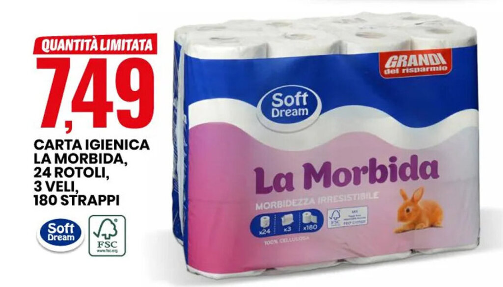 Eurospin CARTA IGIENICA LA MORBIDA, 24 ROTOLI, 3 VELI, 180 STRAPPI offerta