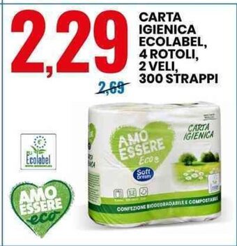CARTA IGIENICA ECOLABEL, 4 ROTOLI, 2 VELI, 300 STRAPPI