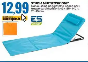 STUOIA MULTIPOSIZIONE* Con cuscino poggiatesta, sacca per il trasporto, dimensioni: 49 x 135-140 h. 26-45 cm.