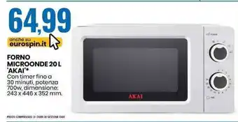 FORNO MICROONDE 20 L 'AKAI** Con timer fino a 30 minuti, potenza 700w, dimensione: 243 x 446 x 352 mm.