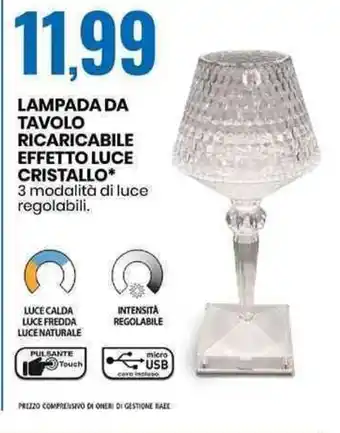 Eurospin LAMPADA DA TAVOLO RICARICABILE EFFETTO LUCE CRISTALLO* offerta