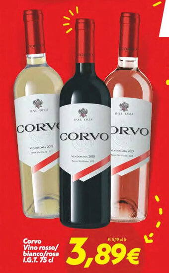 Iper Super Conveniente Corvo Vino rosso/ bianco/rosa I.G.T. 75 cl offerta