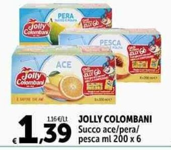 Carrefour Market JOLLY COLOMBANI Succo ace/pera/ pesca ml 200 x 6 offerta