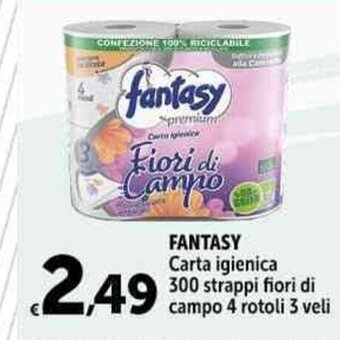 Carrefour Market FANTASY Carta igienica 300 strappi fiori di campo 4 rotoli 3 veli offerta