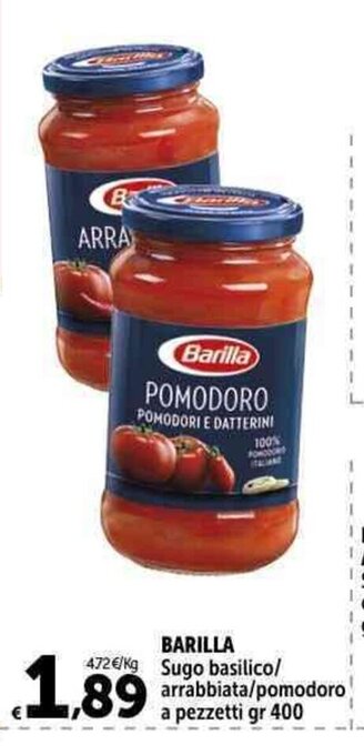 Carrefour Market BARILLA Sugo basilico/ arrabbiata/pomodoro a pezzetti gr 400 offerta
