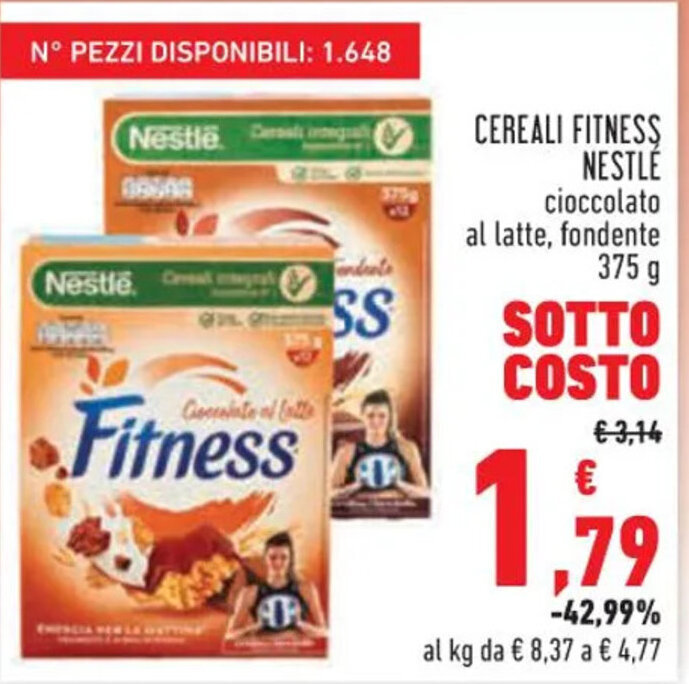 Conad CEREALI FITNESS NESTLE cioccolato al latte, fondente 375 g offerta