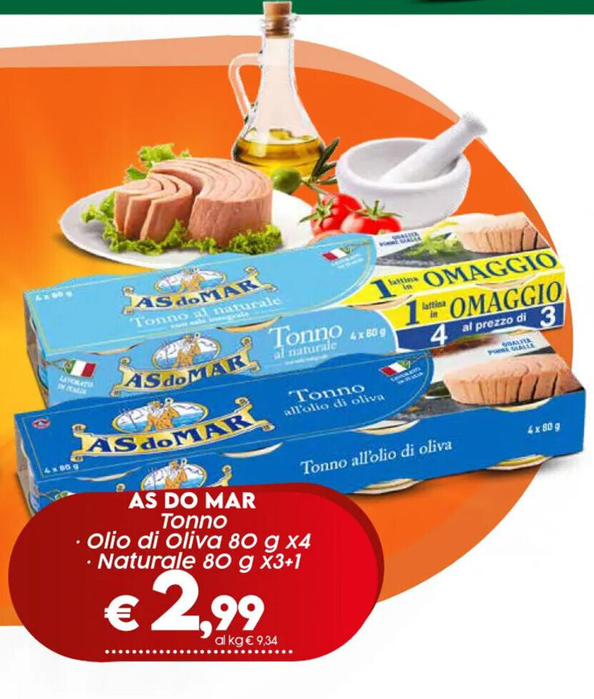Crai AS DO MAR Tonno · Olio di Oliva 80 g x4 · Naturale 80 g x3+1 offerta
