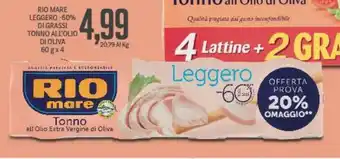 Supermercati Piccolo RIO MARE LEGGERO -60% DI GRASSI TONNO ALL'OLIO DI OLIVA 60 g x 4 offerta