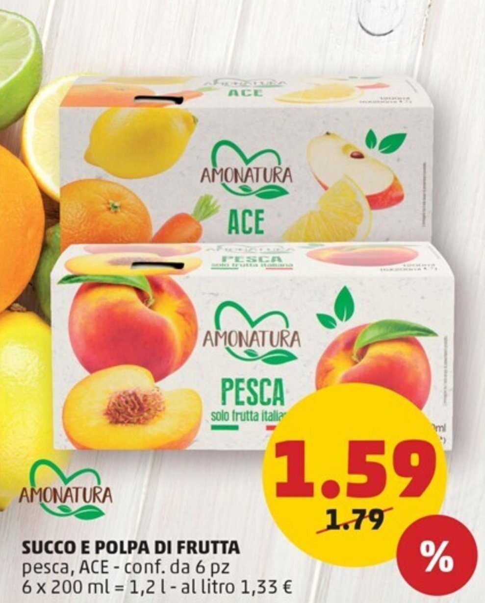 PENNY AMONATURA SUCCO E POLPA DI FRUTTA conf. da 6 pz 6 x 200 ml offerta