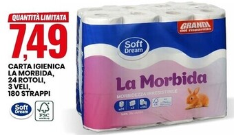 Soft dream carta igienica la morbida, 24 rotoli, 3 veli, 180 strappi