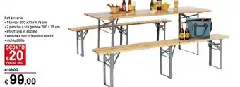 Iper La Grande Set birreria 1 tavolo 200 x70 xh 75 cm, 2 panche a tre gambe 200 x 25 cm, struttura in acciaio, seduta e top in legno di abet offerta